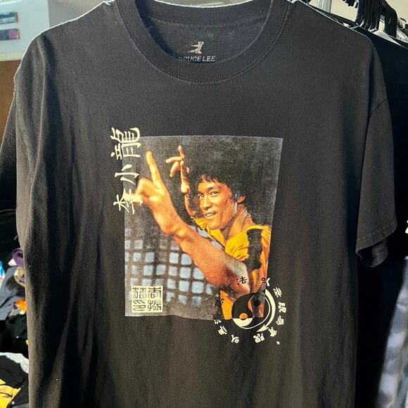 Bruce Lee Black 100% Cotton Photo Graphic Print Tee T-Shirt SZ Lrg - Picture 1 of 3